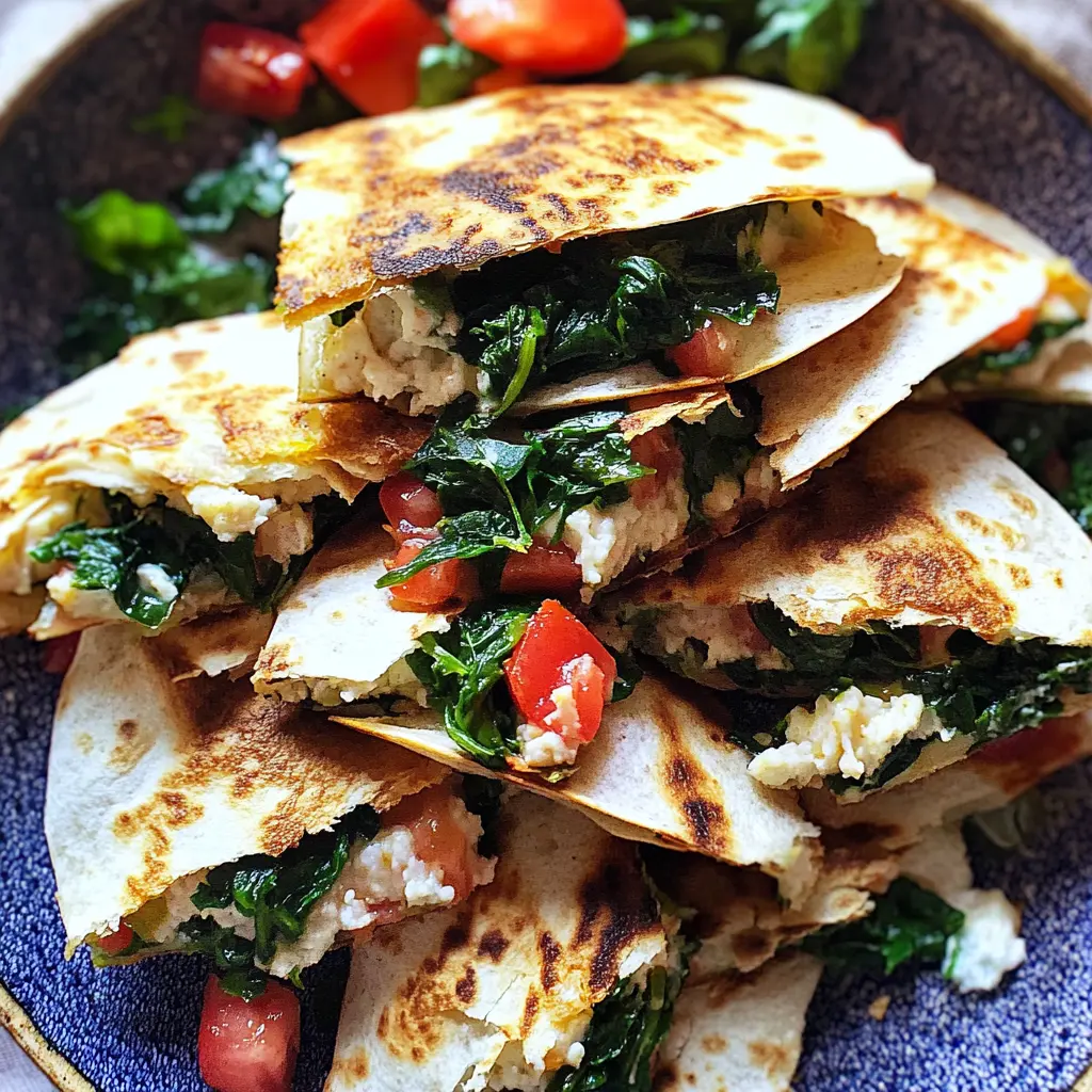 MEDITERRANEAN QUESADILLAS WITH SPINACH centered hero view, clean and uncluttered