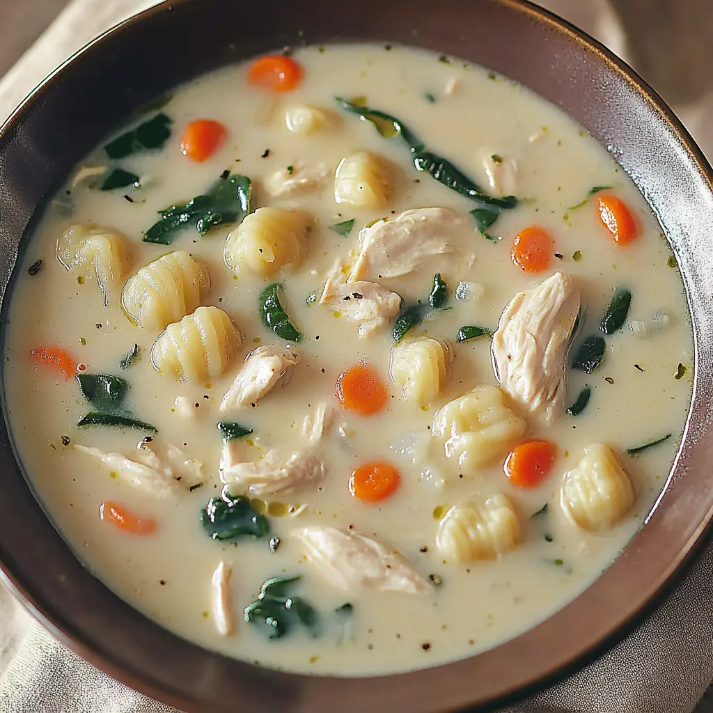 Olive Garden Style Chicken and Gnocchi Soup Easy Weeknight Recipe 2 OLIVE GARDEN STYLE CHICKEN AND GNOCCHI SOUP centered hero view, clean and uncluttered