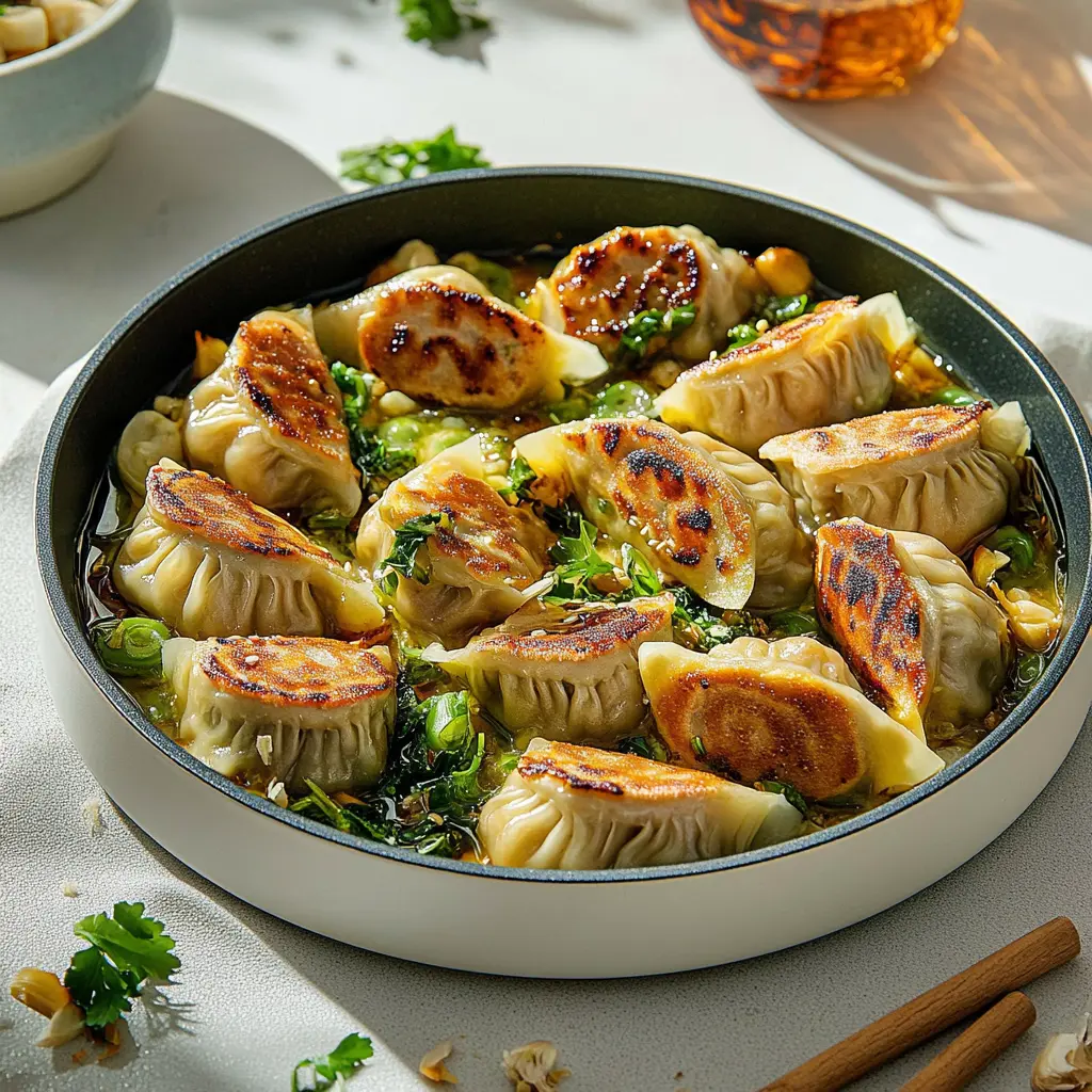 ONE PAN DUMPLING DINNER centered hero view, clean and uncluttered