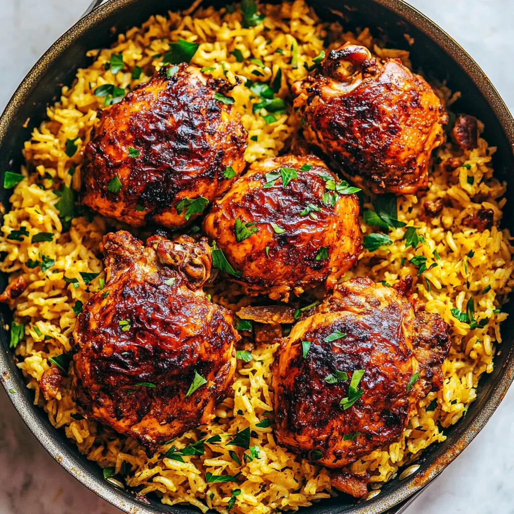 ONE PAN SPANISH CHICKEN AND RICE centered hero view, clean and uncluttered