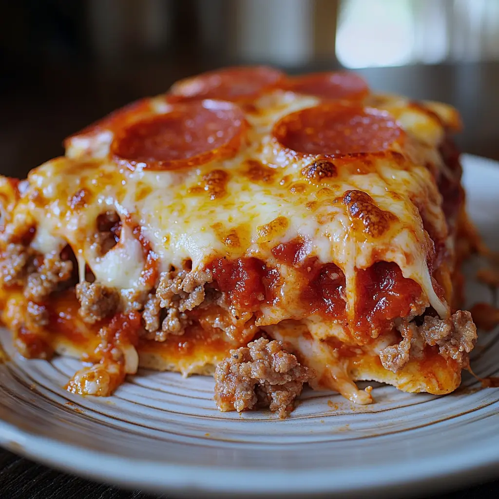 PIZZA CASSEROLE LOW CARB centered hero view, clean and uncluttered