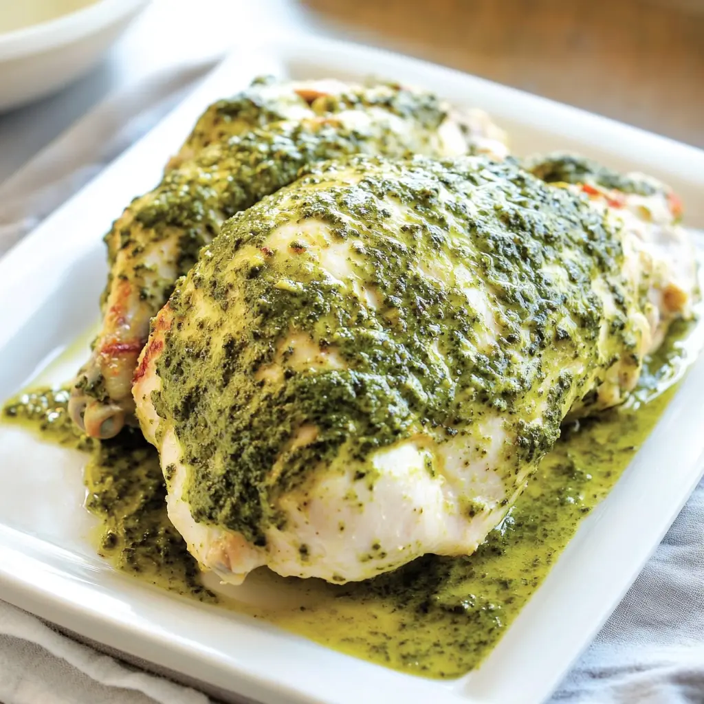 QUICK PREP BAKED PESTO CHICKEN centered hero view, clean and uncluttered