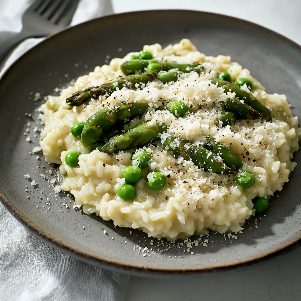 RISOTTO WITH ASPARAGUS AND PEAS centered hero view, clean and uncluttered