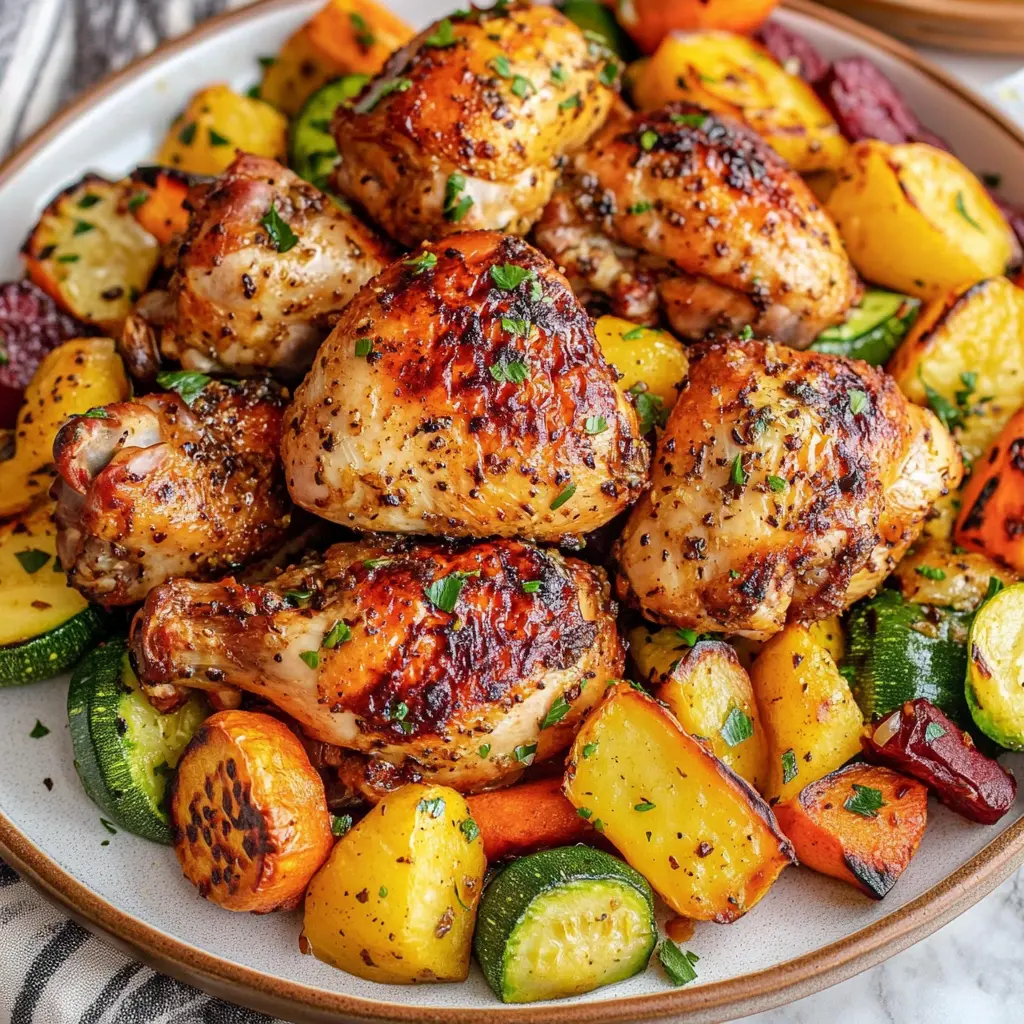 ROASTED GARLIC CHICKEN AND VEGETABLES centered hero view, clean and uncluttered