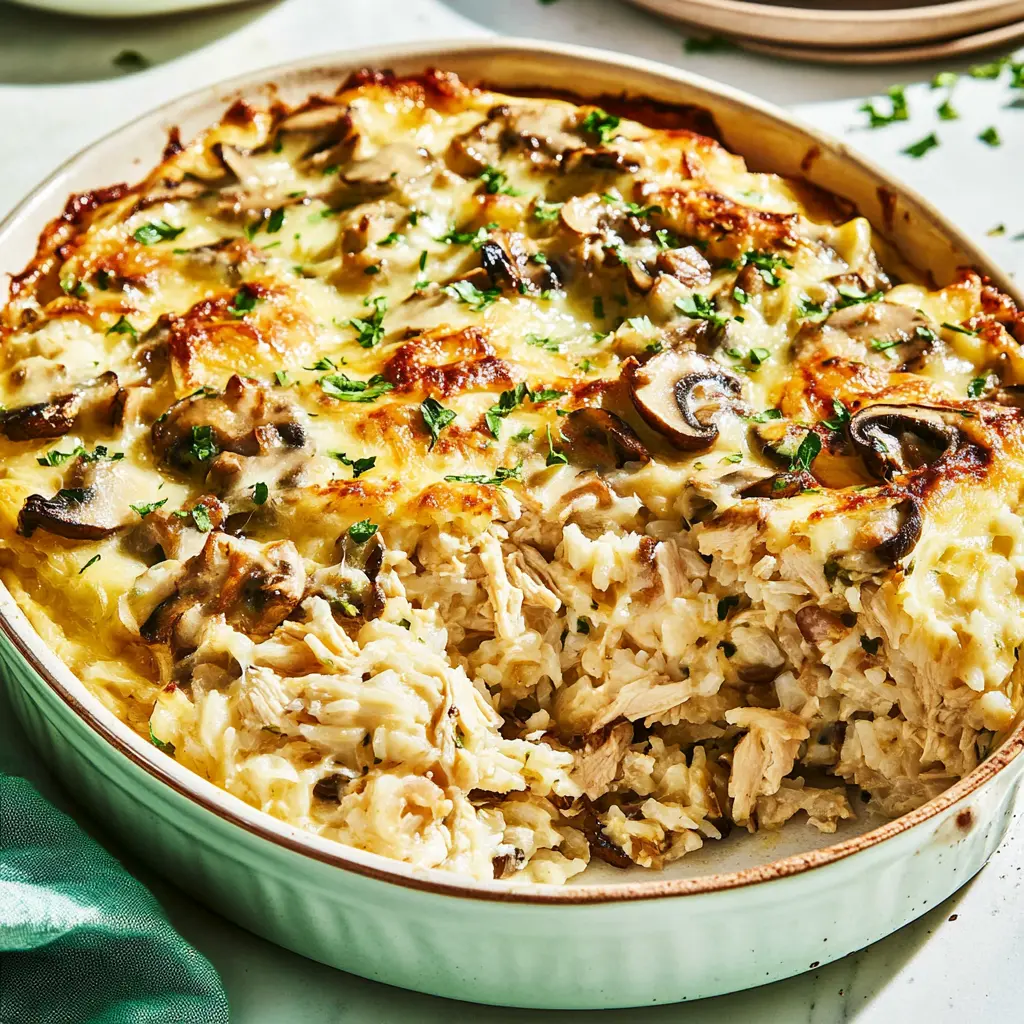 Rotisserie Chicken Mushroom and Rice Casserole Easy Weeknight Dinner 2 ROTISSERIE CHICKEN MUSHROOM AND RICE CASSEROLE centered hero view, clean and uncluttered