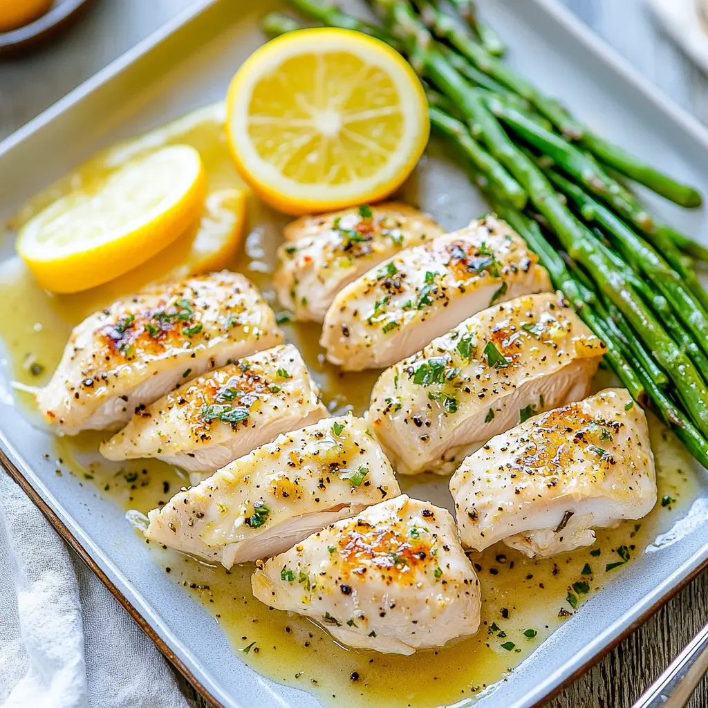 SHEET PAN CHICKEN ASPARAGUS LEMON centered hero view, clean and uncluttered