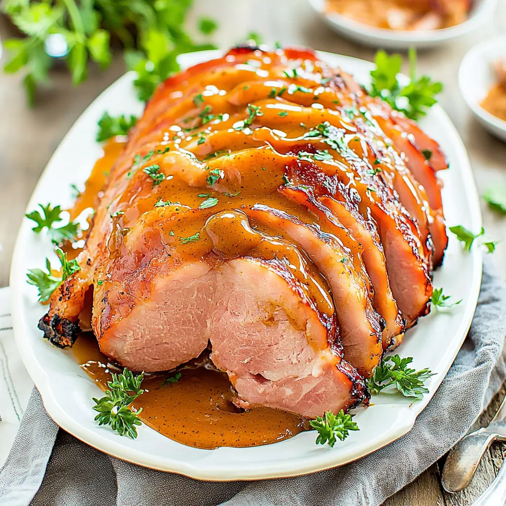 Slow Cooker Easter Ham Honey Mustard Easy Weeknight Recipe 2 SLOW COOKER EASTER HAM HONEY MUSTARD centered hero view, clean and uncluttered