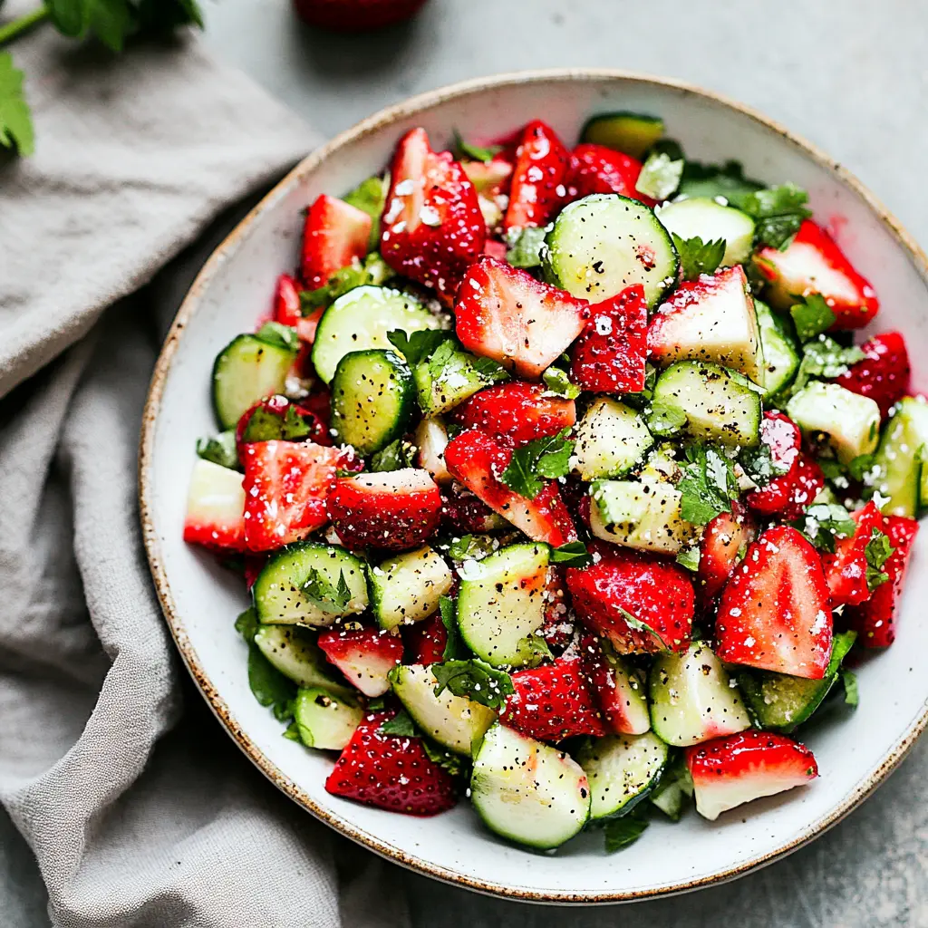 STRAWBERRY CUCUMBER SALAD centered hero view, clean and uncluttered