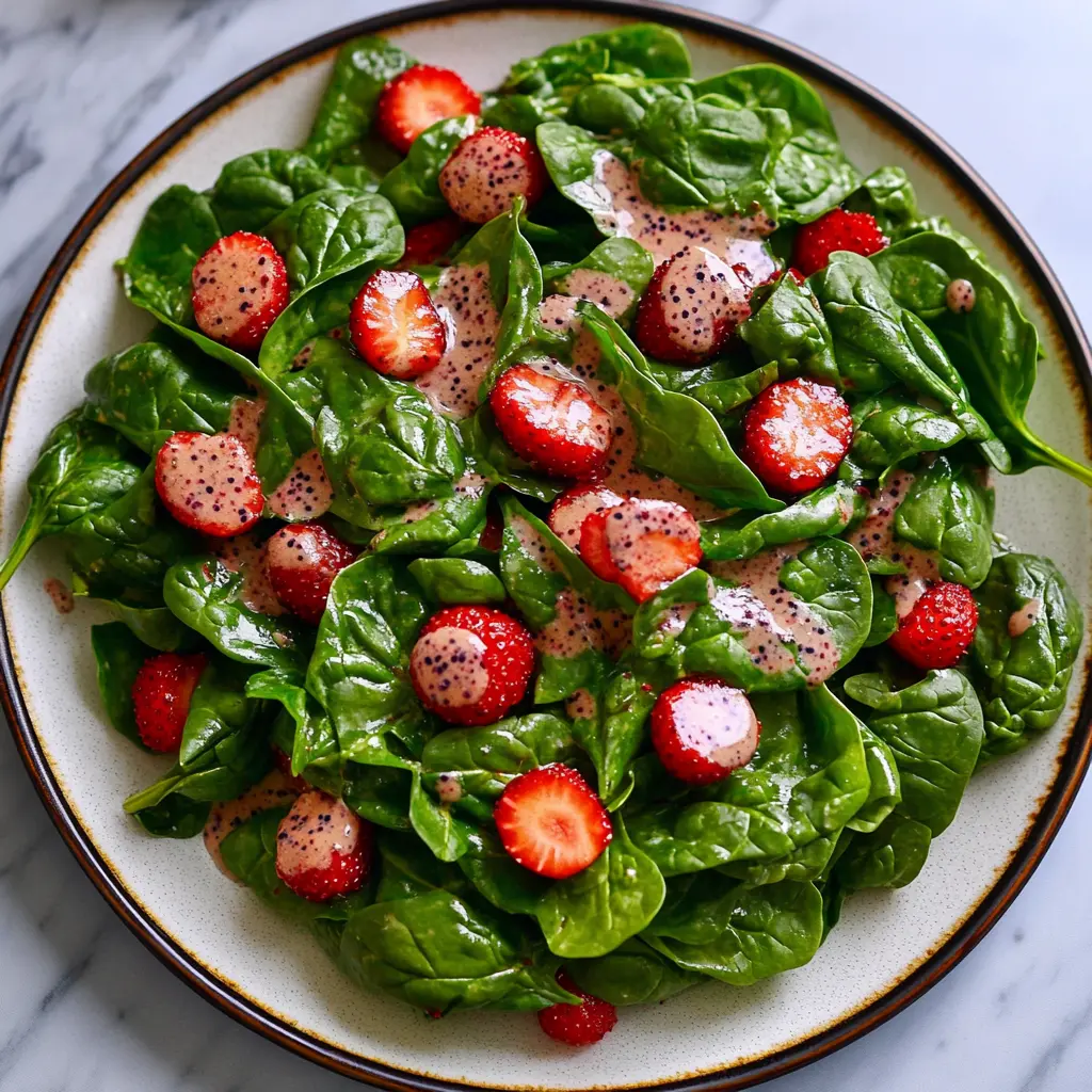 STRAWBERRY SPINACH SALAD WITH POPPY SEED DRESSING centered hero view, clean and uncluttered