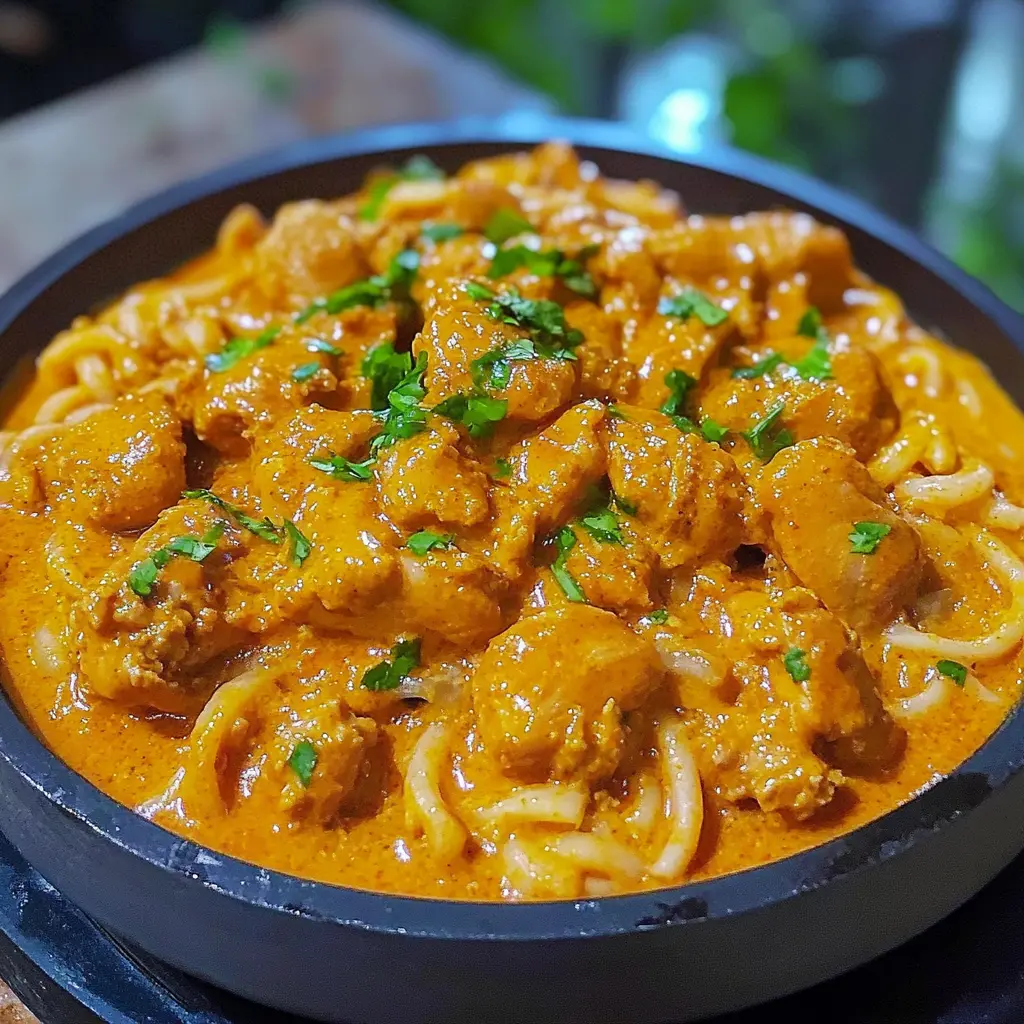 THAI INSPIRED COCONUT RED CURRY CHICKEN UDON centered hero view, clean and uncluttered