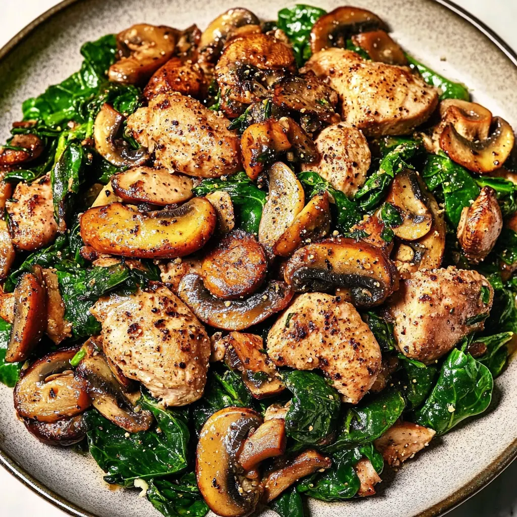 Turkey Spinach Mushroom Easy Weeknight Dinner Recipe 2 TURKEY SPINACH MUSHROOM centered hero view, clean and uncluttered
