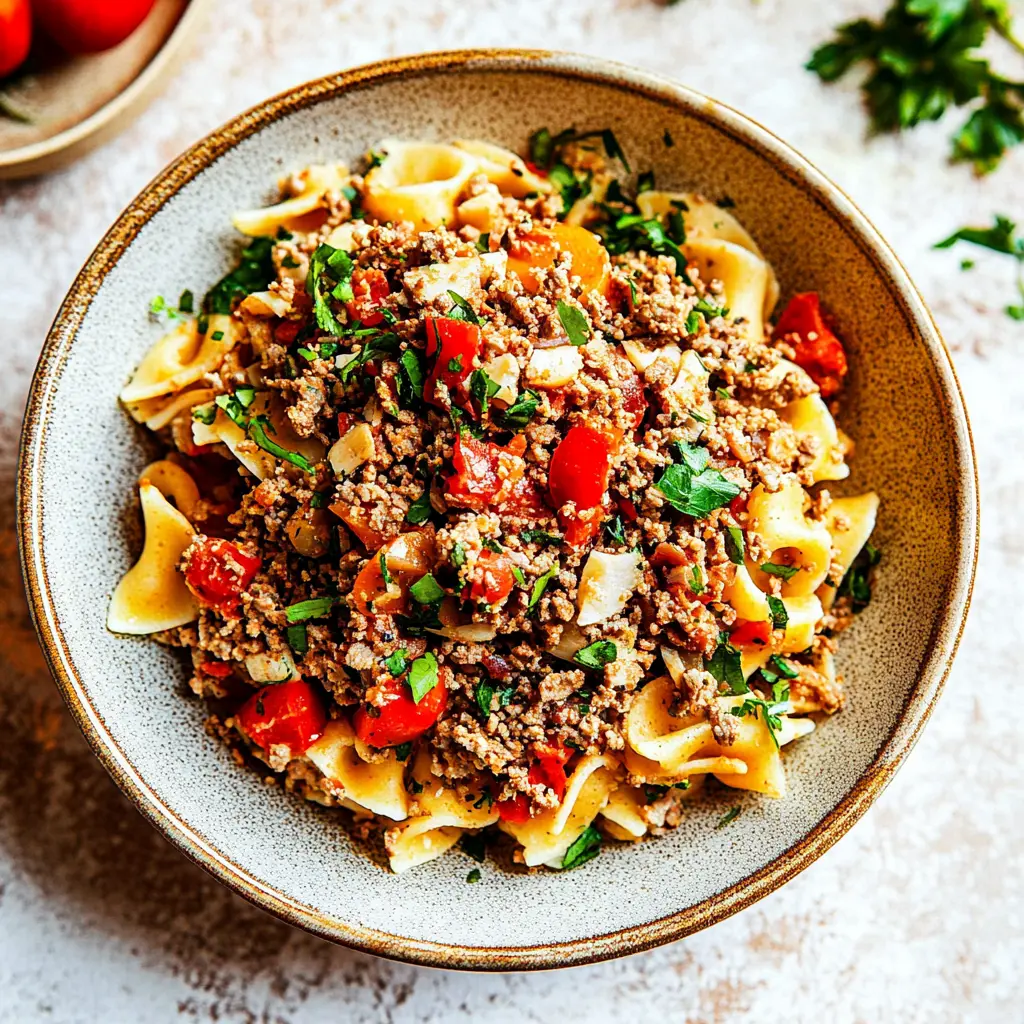 TURKISH PASTA GROUND MEAT recipe, served and ready to eat, easy homemade dinner