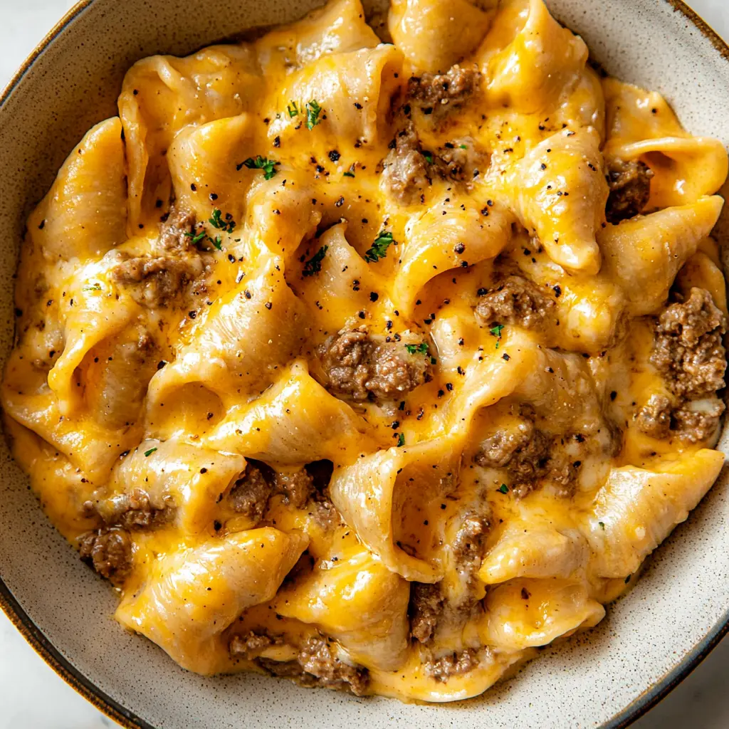 One Pan Cheesy Beef Shells Comforting Easy Weeknight Win 2 ONE PAN CHEESY BEEF SHELLS recipe, served and ready to eat, easy homemade dinner