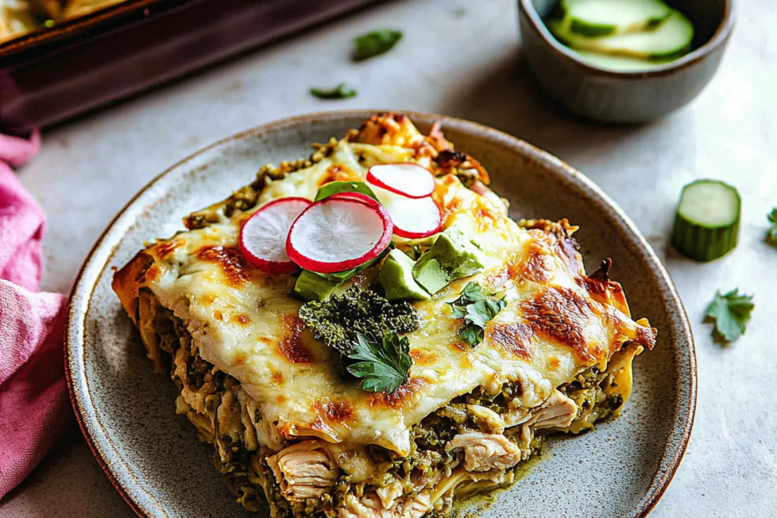 SALSA VERDE CHICKEN CASSEROLE centered hero view, clean and uncluttered