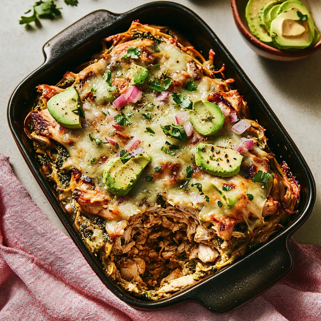 SALSA VERDE CHICKEN CASSEROLE centered hero view, clean and uncluttered