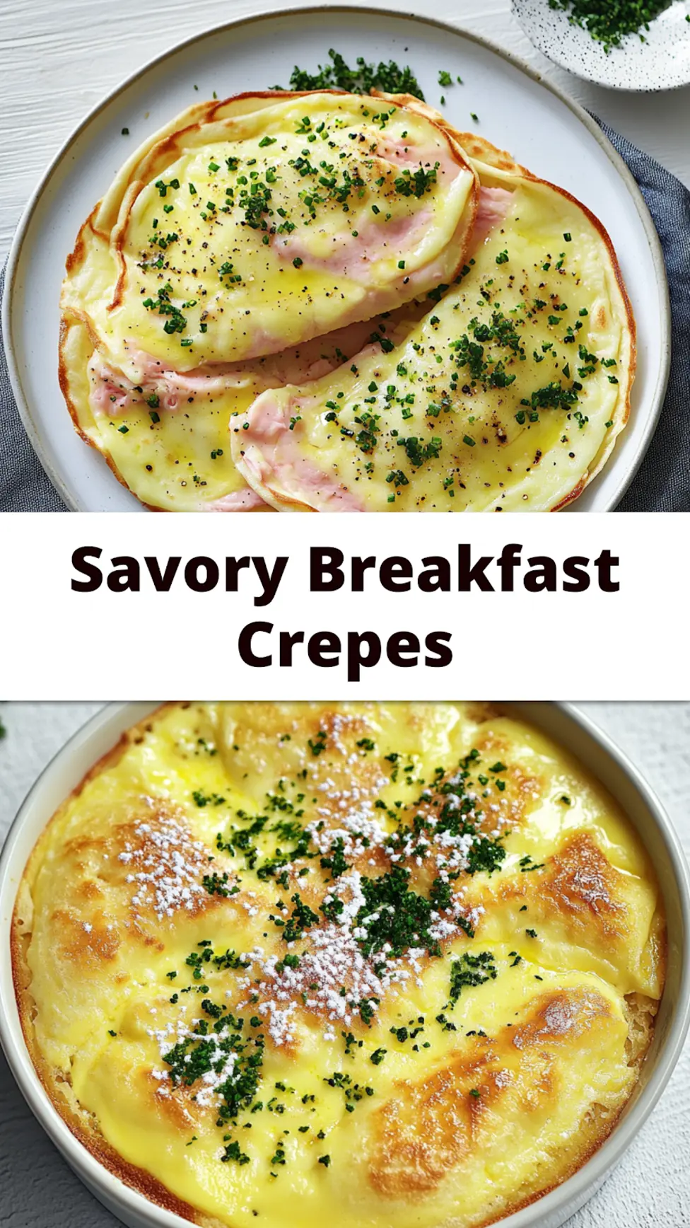 Savory Breakfast Crepes Easy Recipe for Busy Weeknights 4 Savory breakfast crepes with eggs, spinach and cheese, styled for Pinterest
