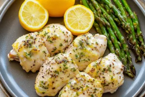 SHEET PAN CHICKEN ASPARAGUS LEMON centered hero view, clean and uncluttered