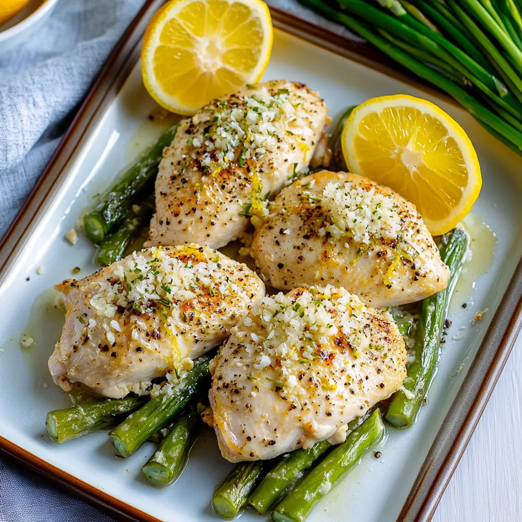 Sheet pan chicken asparagus lemon centered hero view, clean and uncluttered