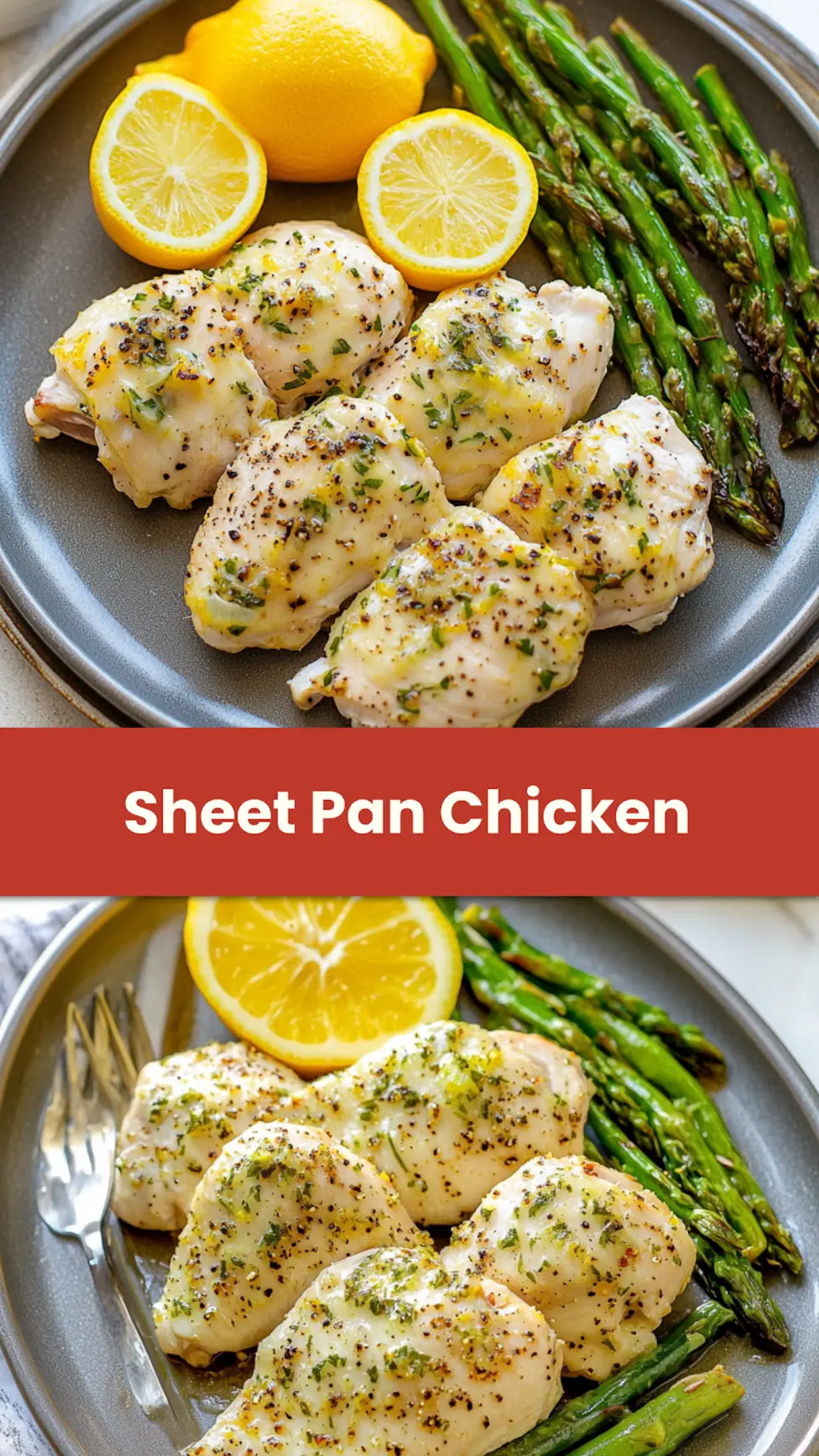 Sheet pan chicken asparagus lemon centered hero view, clean and uncluttered for Pinterest
