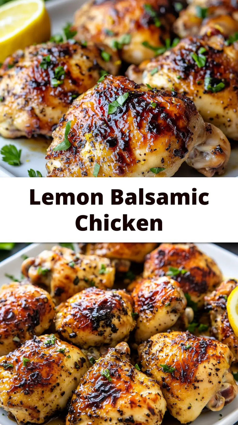 Sheet Pan Lemon Balsamic Chicken Pinterest pin with golden roasted chicken and potatoes