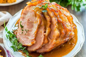 SLOW COOKER EASTER HAM HONEY MUSTARD centered hero view, clean and uncluttered