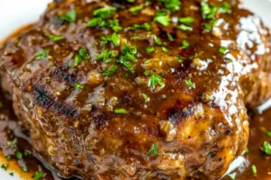 Slow Cooker Salisbury Steak Easy Comforting Dinner SLOW COOKER SALISBURY STEAK centered hero view, clean and uncluttered