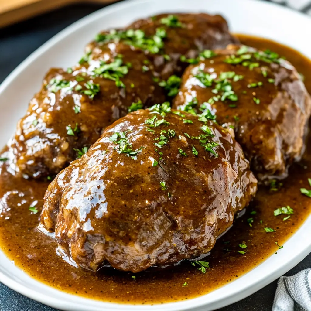 Slow Cooker Salisbury Steak Easy Comforting Dinner 3 SLOW COOKER SALISBURY STEAK centered hero view, clean and uncluttered