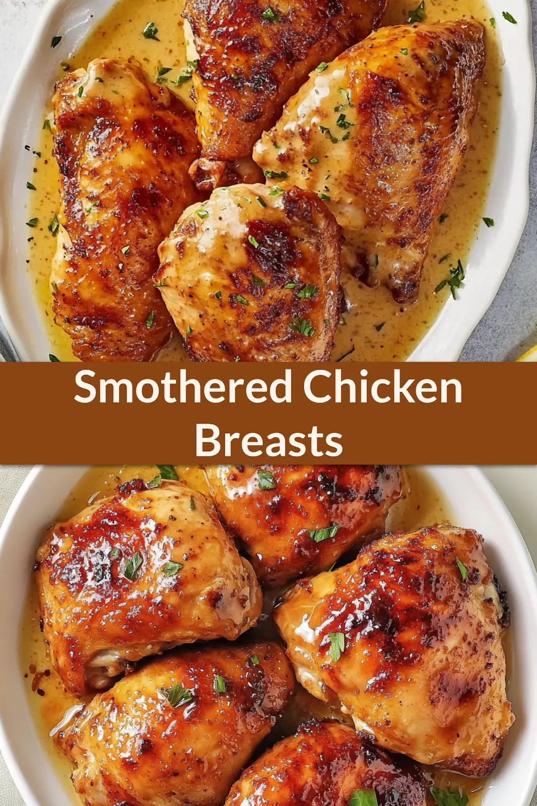 Smothered chicken breasts in creamy gravy, centered hero view for pinning