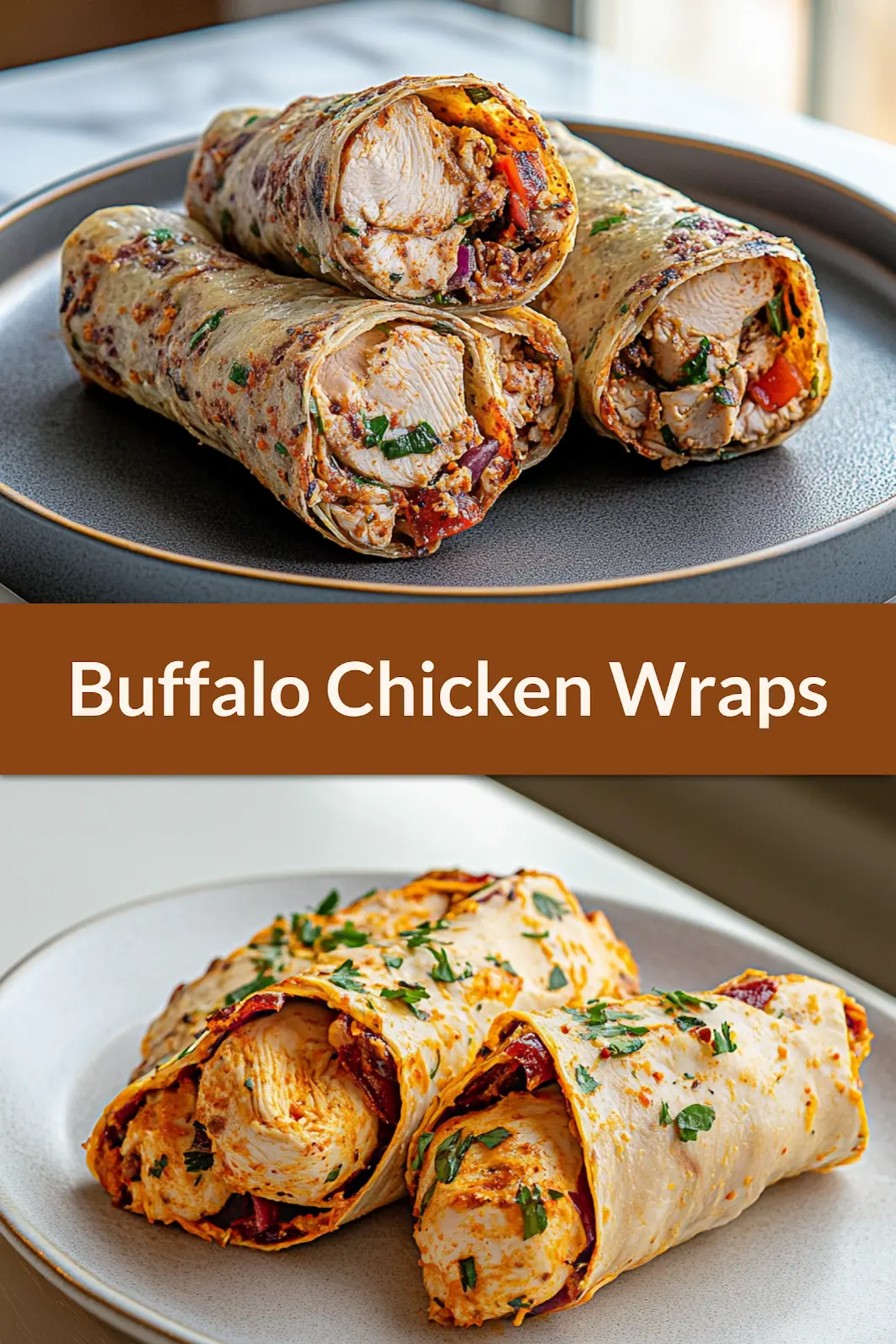 SPICY BUFFALO CHICKEN WRAPS centered hero view, clean and uncluttered_pin