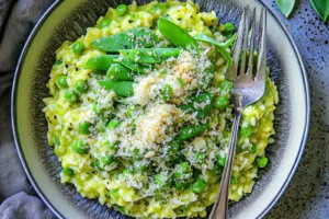 SPRING PEA RISOTTO centered hero view, clean and uncluttered