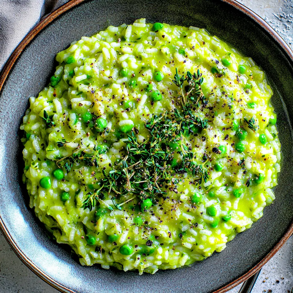 Spring pea risotto in a bowl with fresh peas and mint
