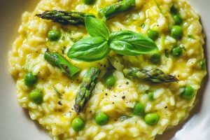 SPRING RISOTTO WITH ASPARAGUS AND PEAS centered hero view, clean and uncluttered