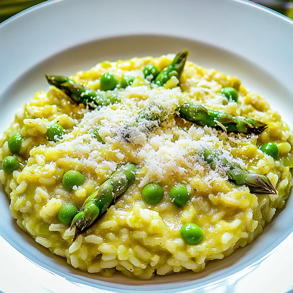 Spring risotto with asparagus and peas served in a white bowl, vibrant green and creamy