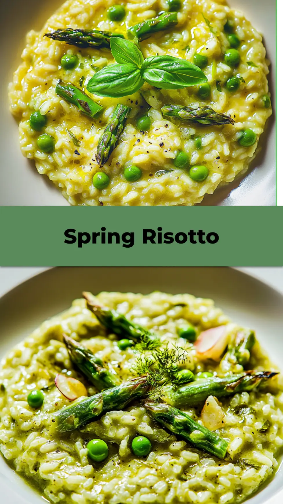 Spring risotto with asparagus and peas in a bowl, Pinterest pin style