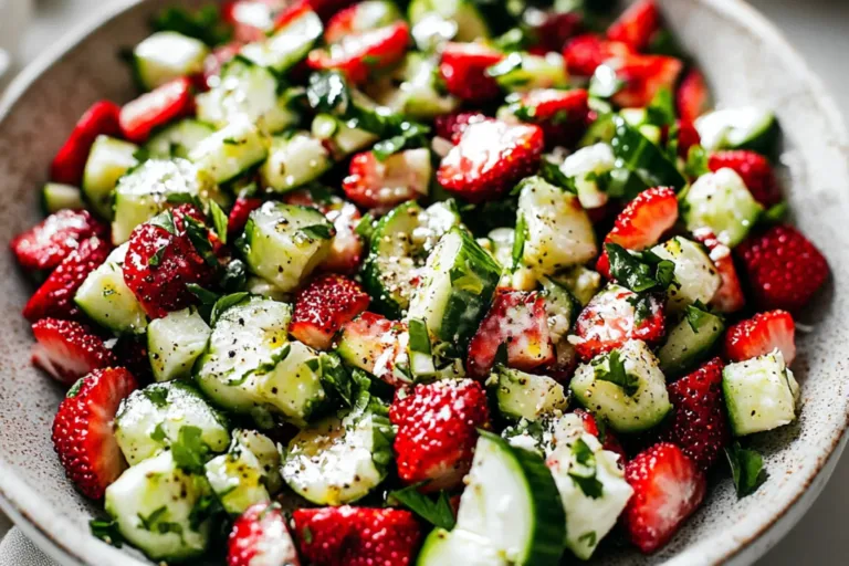 STRAWBERRY CUCUMBER SALAD centered hero view, clean and uncluttered