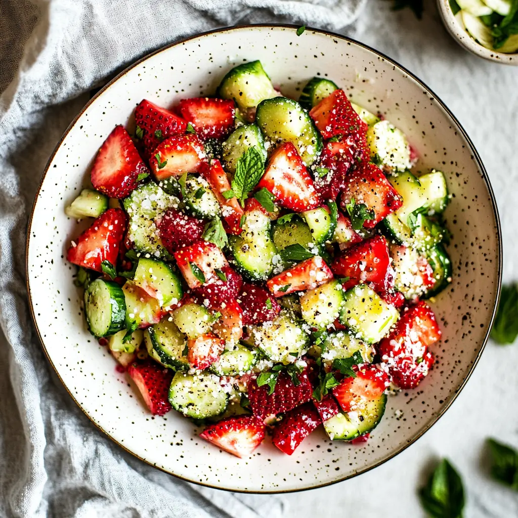 Strawberry Cucumber Salad centered hero view, clean and uncluttered