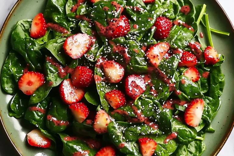 STRAWBERRY SPINACH SALAD WITH POPPY SEED DRESSING centered hero view, clean and uncluttered