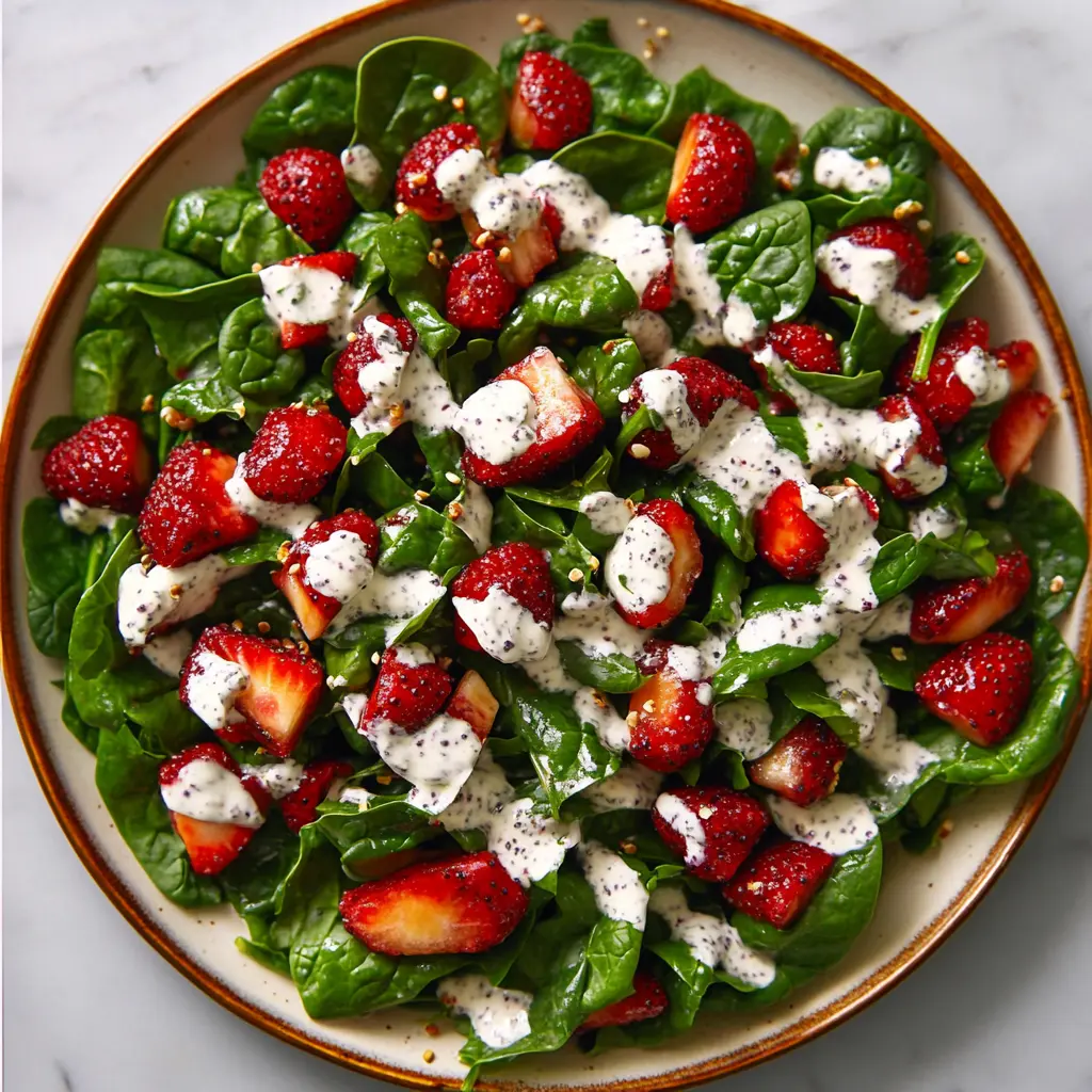 Strawberry spinach salad with poppy seed dressing centered hero view, clean and uncluttered