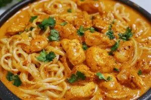 Thai Inspired Coconut Red Curry Chicken Udon Easy Weeknight Dinner THAI INSPIRED COCONUT RED CURRY CHICKEN UDON centered hero view, clean and uncluttered