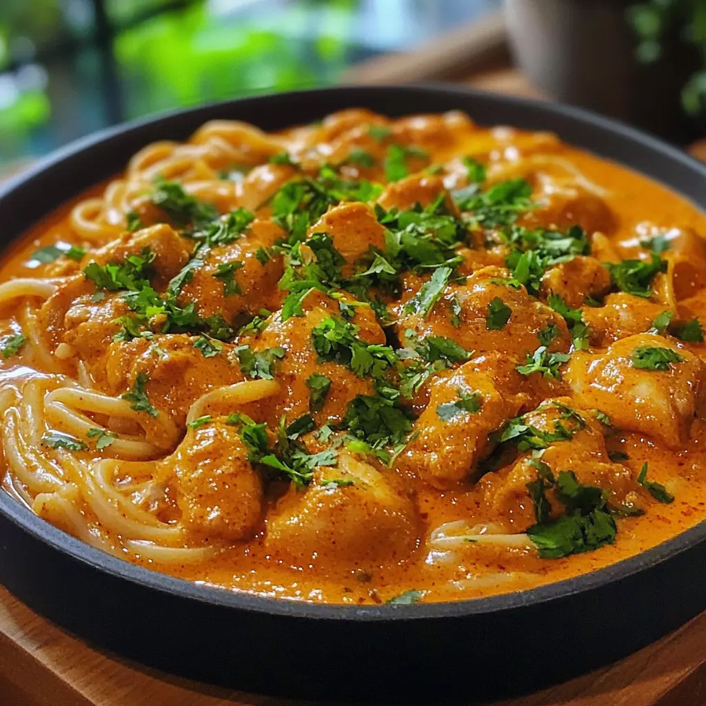 Thai Inspired Coconut Red Curry Chicken Udon centered hero view, clean and uncluttered