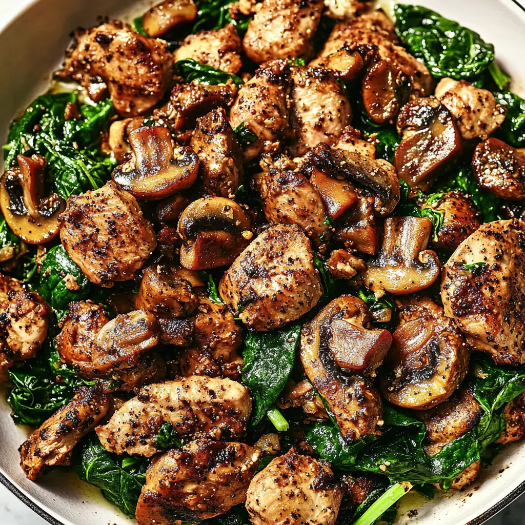 Turkey Spinach Mushroom Easy Weeknight Dinner Recipe 3 Turkey spinach mushroom skillet centered hero view, clean and uncluttered