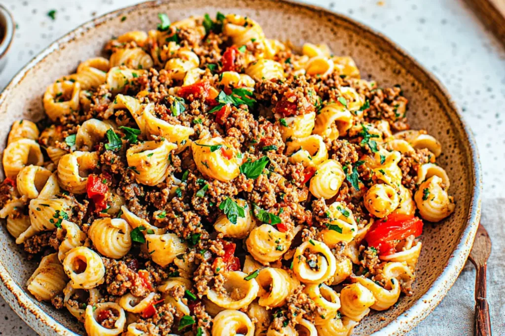 TURKISH PASTA GROUND MEAT recipe, served and ready to eat, easy homemade dinner