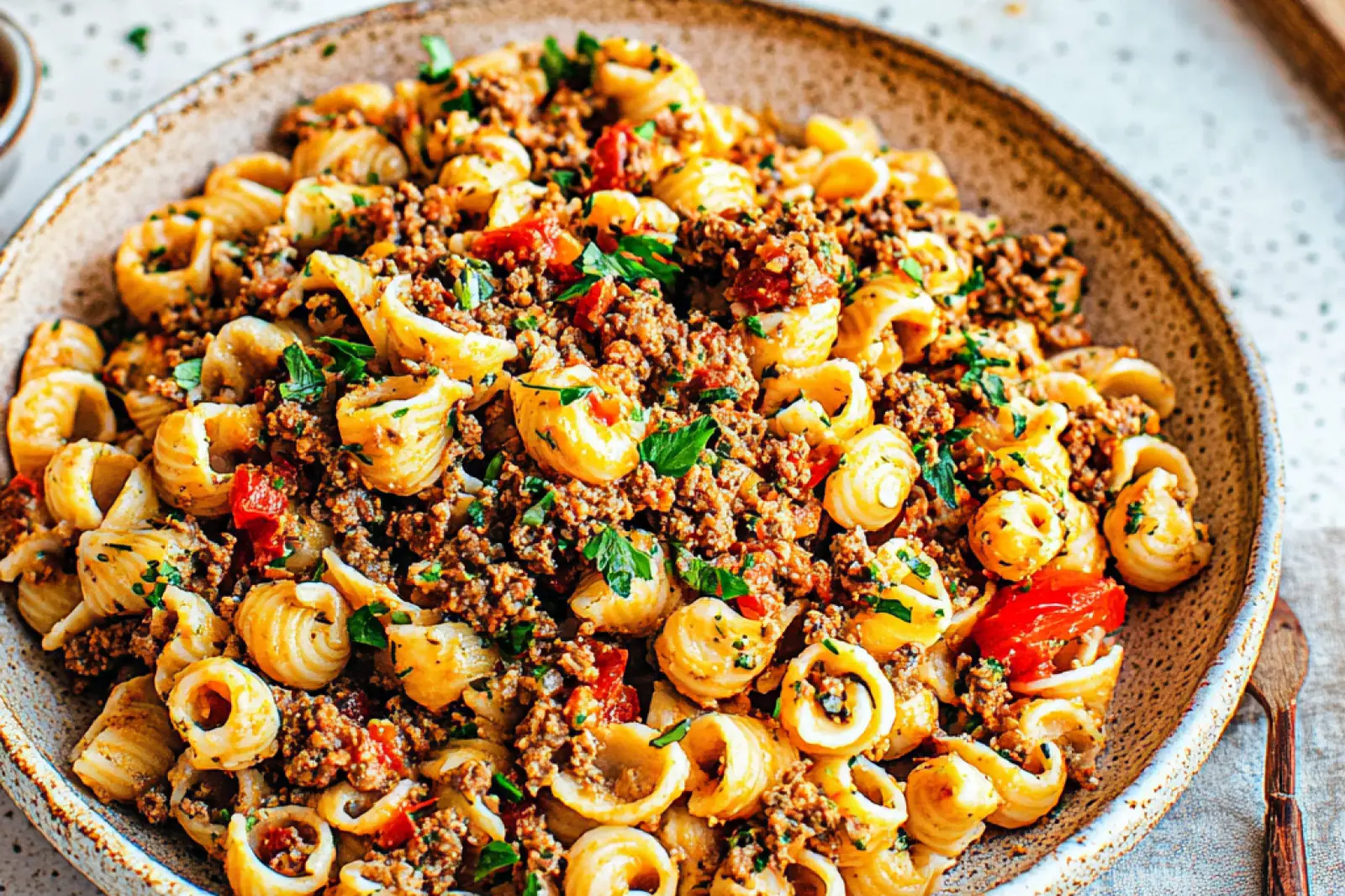 TURKISH PASTA GROUND MEAT recipe, served and ready to eat, easy homemade dinner