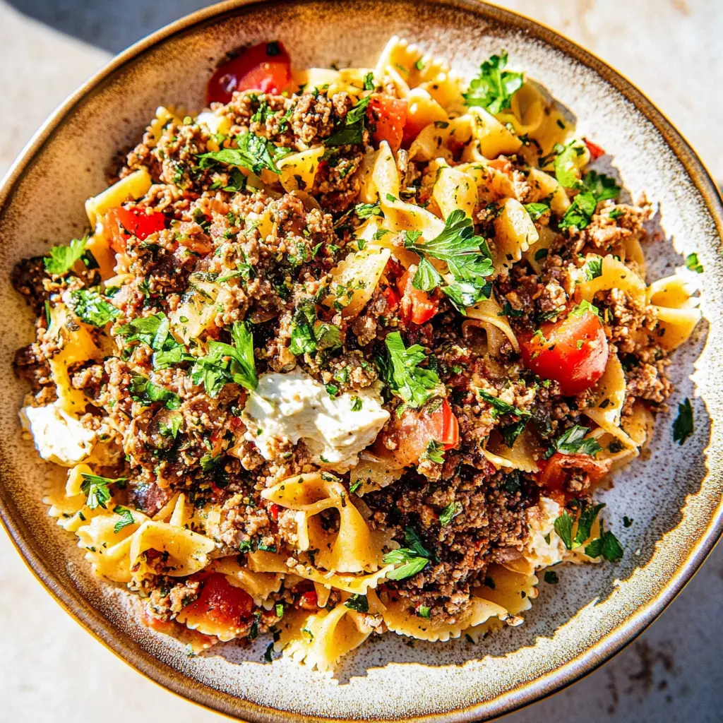 TURKISH PASTA GROUND MEAT recipe, served and ready to eat, easy homemade dinner