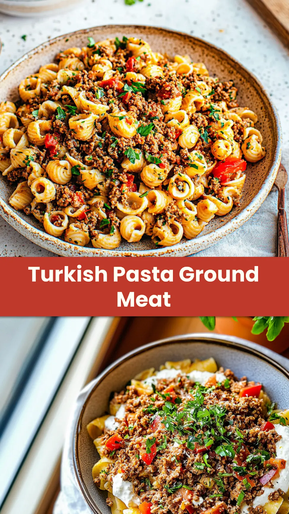 TURKISH PASTA GROUND MEAT recipe, served and ready to eat, easy homemade dinner