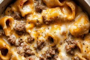 ONE PAN CHEESY BEEF SHELLS recipe, served and ready to eat, easy homemade dinner