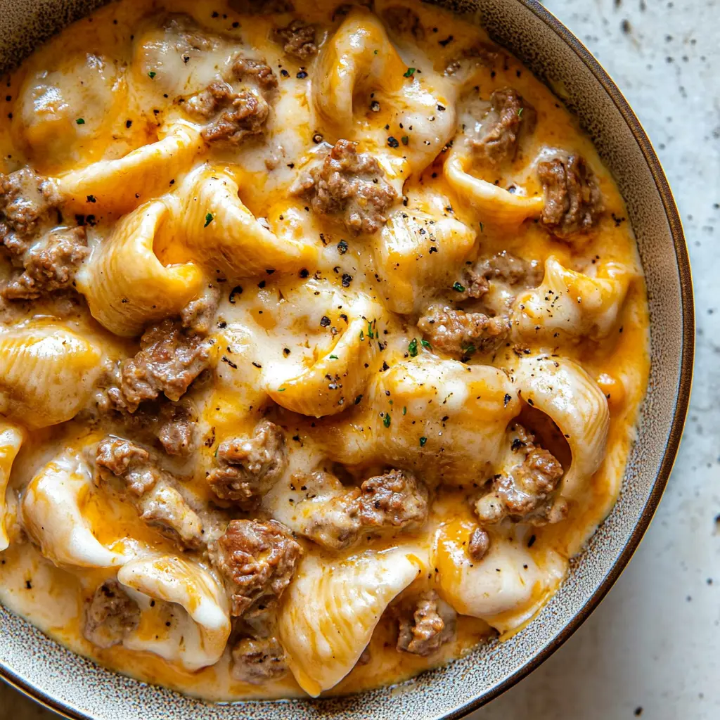 One Pan Cheesy Beef Shells Comforting Easy Weeknight Win 3 One Pan Cheesy Beef Shells served and ready to eat, easy homemade dinner