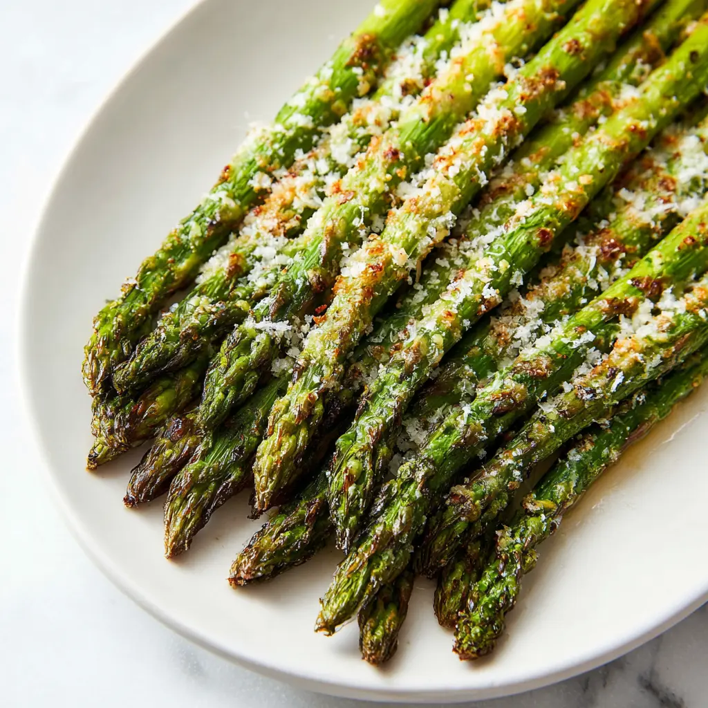 Air Fryer Asparagus Parmesan recipe, served and ready to eat, easy homemade dinner