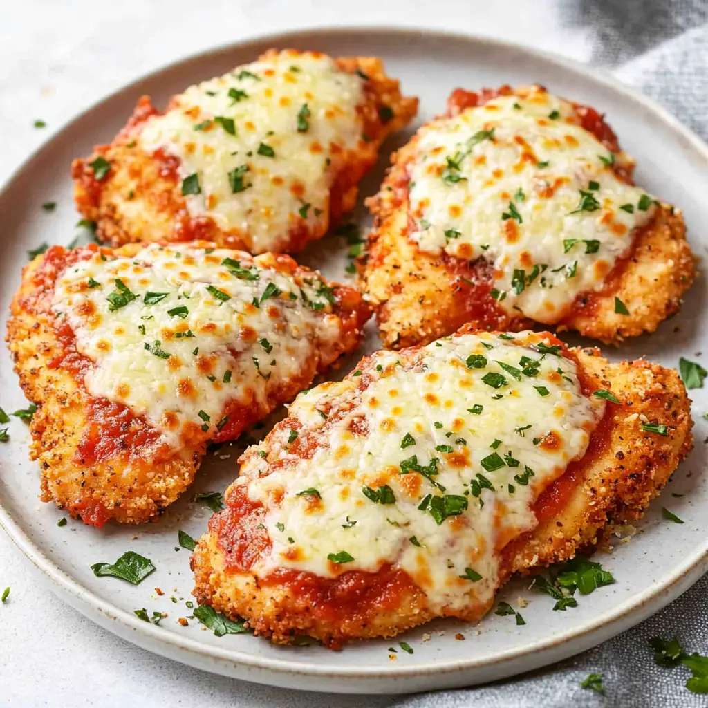 Air Fryer Chicken Parmesan recipe, served and ready to eat, easy homemade dinner