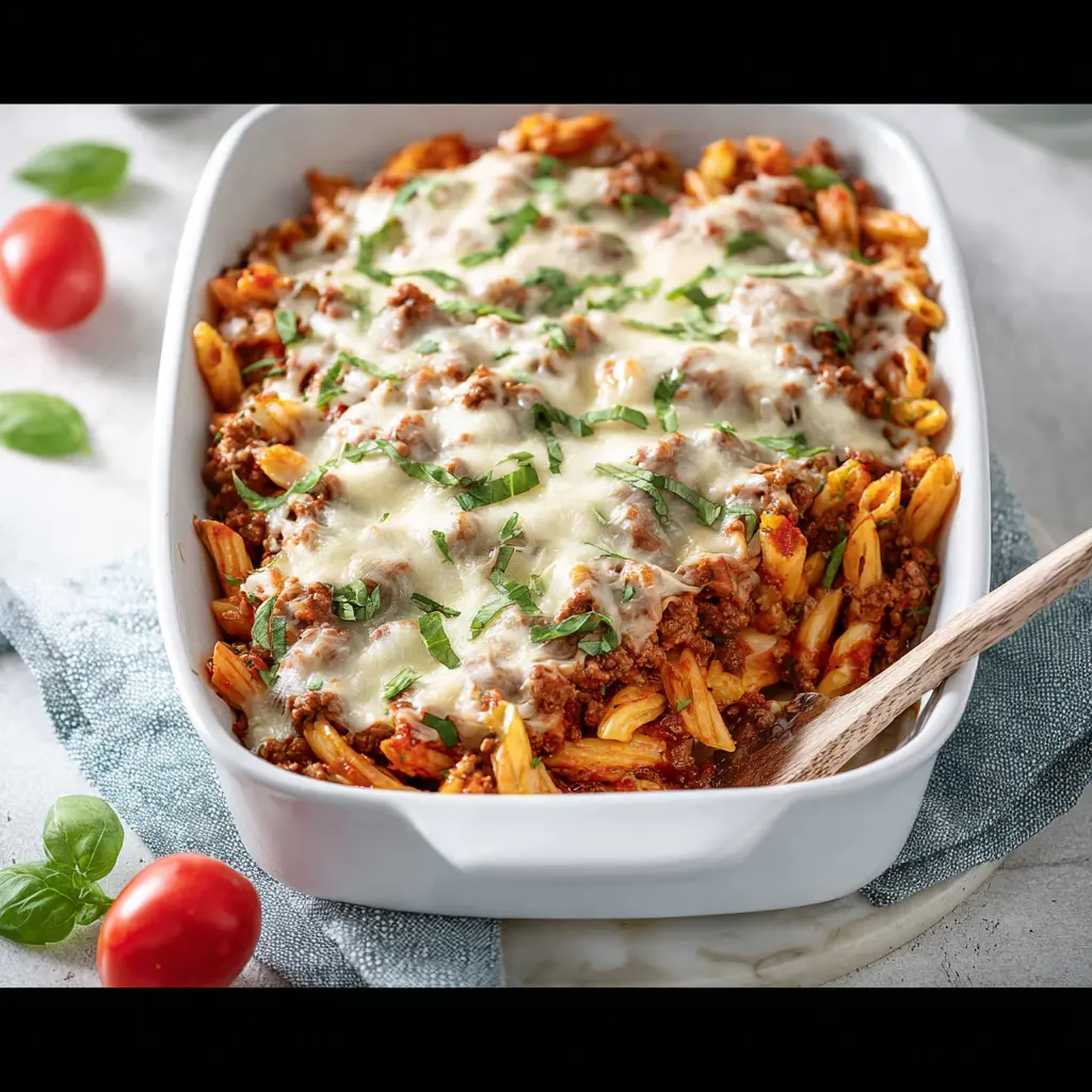BEEFY PASTA BAKE GROUND BEEF recipe, served and ready to eat, easy homemade dish